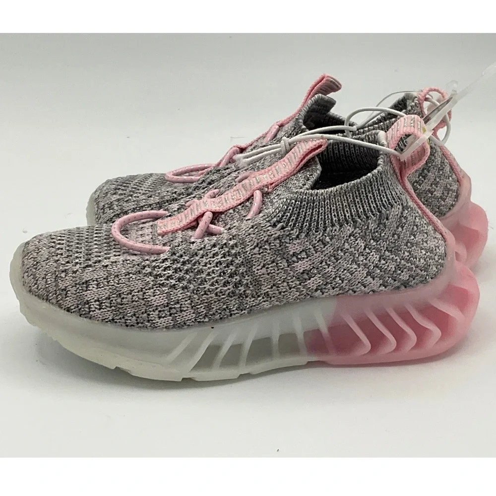 First Steps Toddler Girls Grey Pink Knit Slip On Sneakers Size 4 9-12 Months